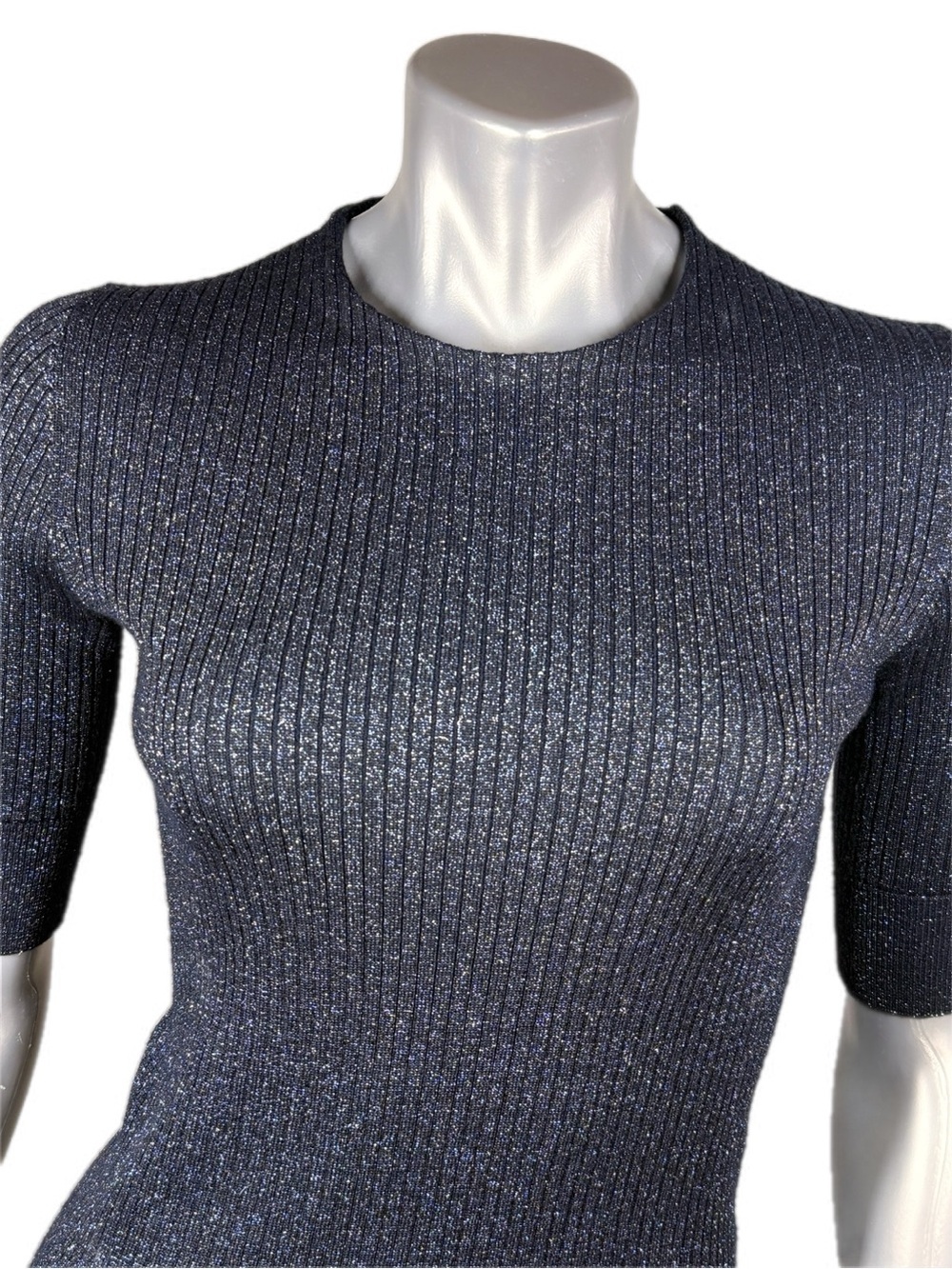 Tory Burch | Navy Blue Ribbed Short-Sleeve Metallic Knit Top - Silver Sparkle - Picture 3 of 14